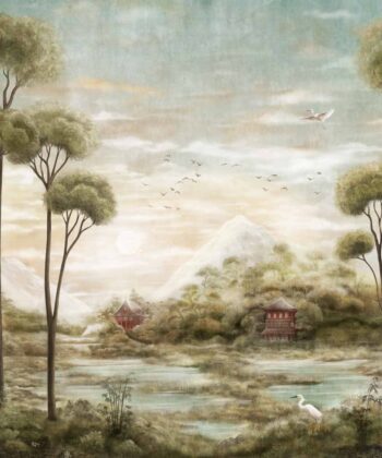 Mural adaptable de paisaje oriental pintado en acuarela Colección "Forbidden City" Estilo Chinoiserie Mural adaptable de paisaje oriental pintado en acuarela