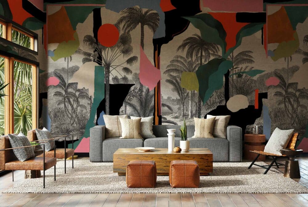 Mural adaptable de papel pintado de formas abstractas sobre grabado de paisaje colonial