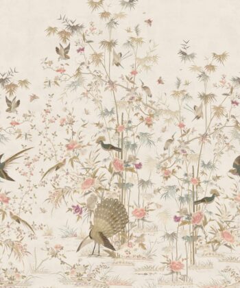 Mural de papel pintado chinoiserie inspirado en un centenario bordado de seda Colección "Chinoiserie Garden" Animales Mural de papel pintado chinoiserie inspirado en un centenario bordado de seda