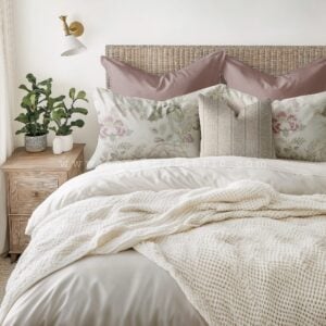 Combinación de cojines y ropa de cama en tonos rosas y aire romántico con telas de Güell-Lamadrid y Designers Guild.
