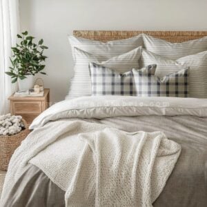 Combinación de cojines y ropa de cama en rayas y cuadros en tonos naturales con telas de Les Creations de La Maison, Güell-Lamadrid y Gastón y Daniela.