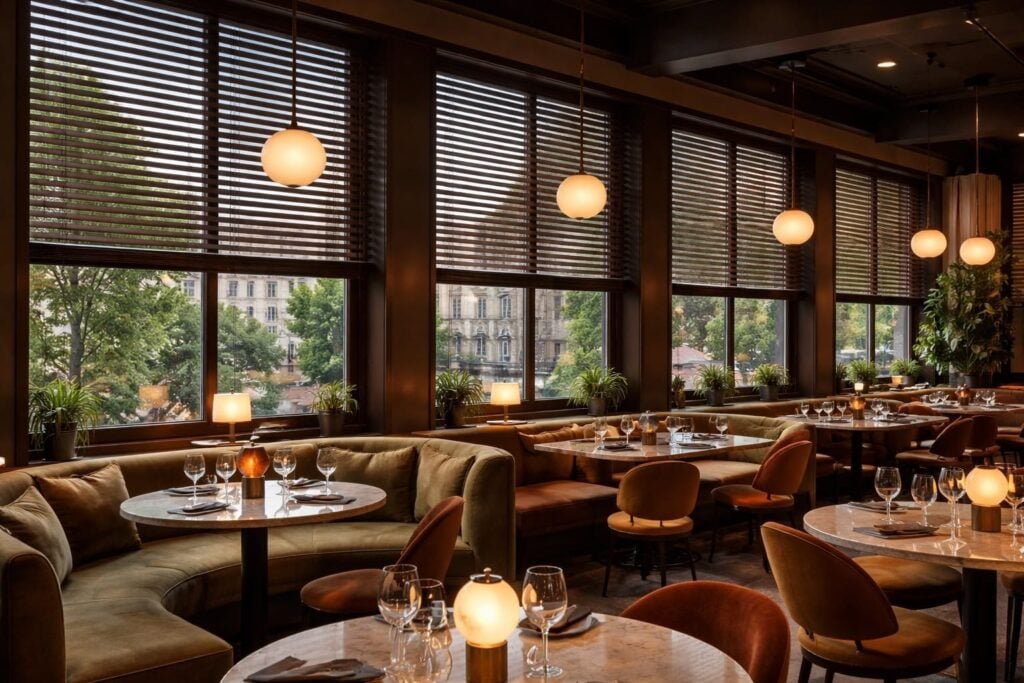 Decoración de restaurante con persianas venecianas de madera