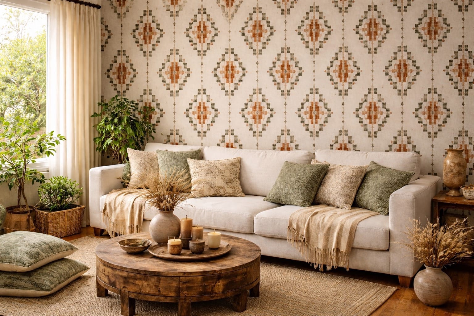 Salón con decoración de estilo Boho